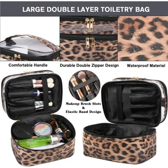 Leopard Makeup Bag Double Layer Travel Toiletry Organizer Cosmetic Case Women - Picture 4 of 7